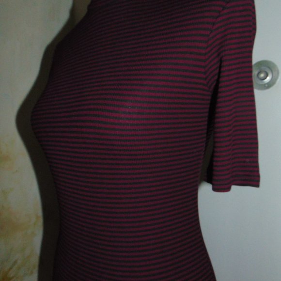 Forever 21 Burgundy Black Striped Knit Sweater Medium Fitted Dress Short Sleeve - Picture 7 of 12